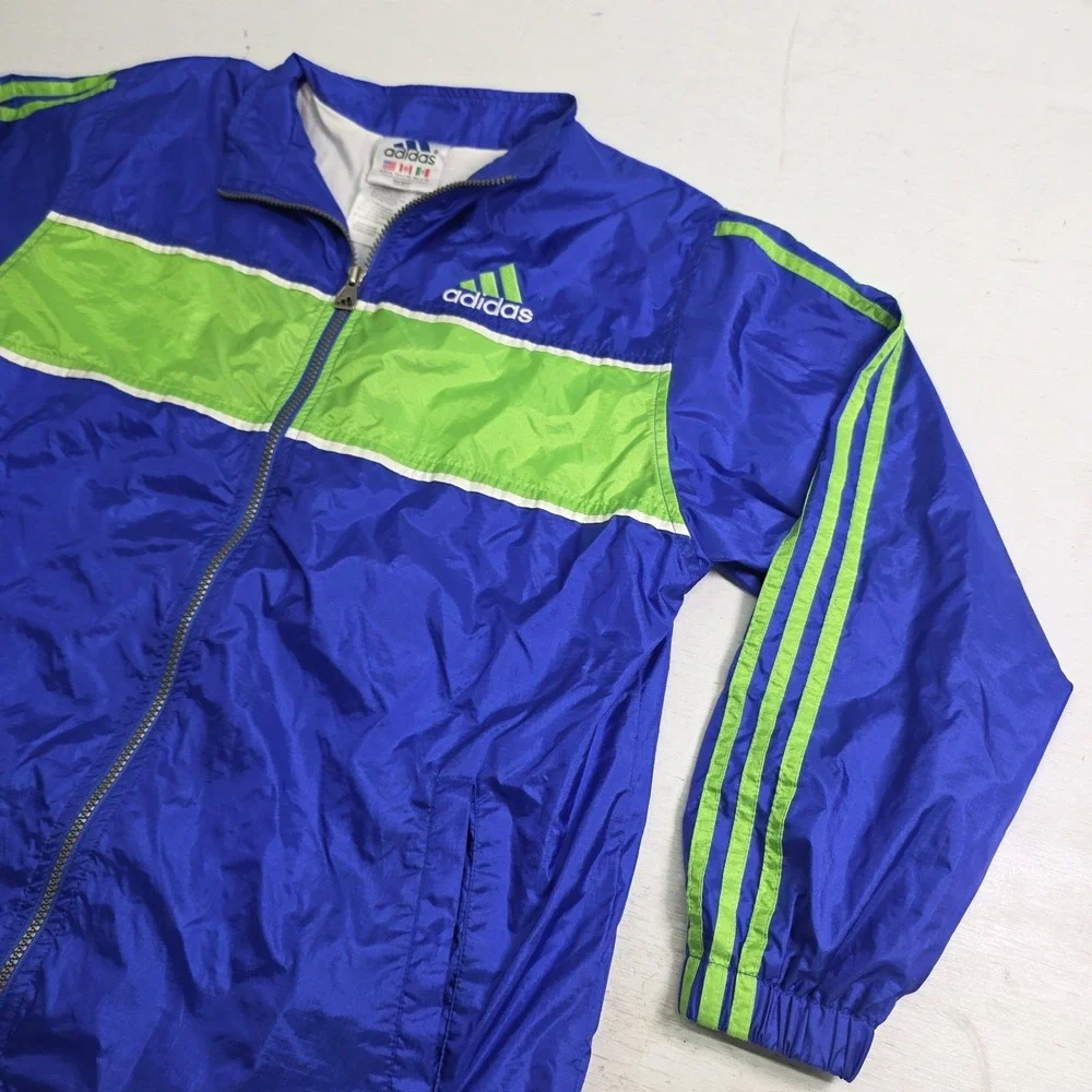 Vintage Adidas Track Jacket 3 Stripes Logo Green Blue‎ Colorblock Lined Youth XL